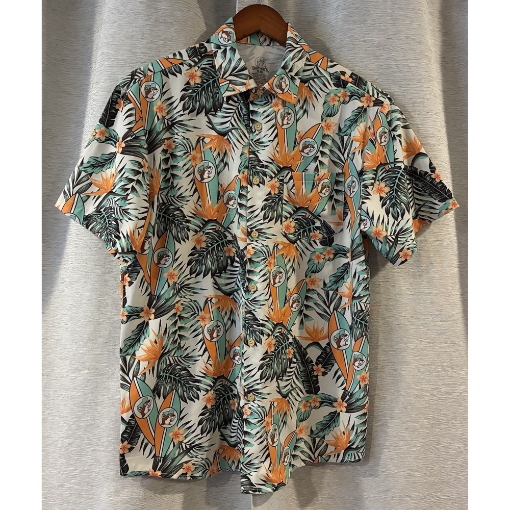 Buc-ees Mens Floral Short Sleeve Hawaiian Shirt Size S Beaver Logo
